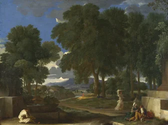 Landschaft mit einem Mann, der seine Füße an einem Brunnen wäscht, 1648